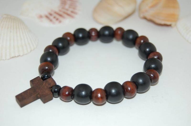Holzkreuz Armband, Holzkreuz, 10 Mm Braune Holzperlen, Rosenkranz Elastisch, Easy Fits, Gebet, Mann, Frau, Gebetsarmband, Holz Armband von SkywaterStudio