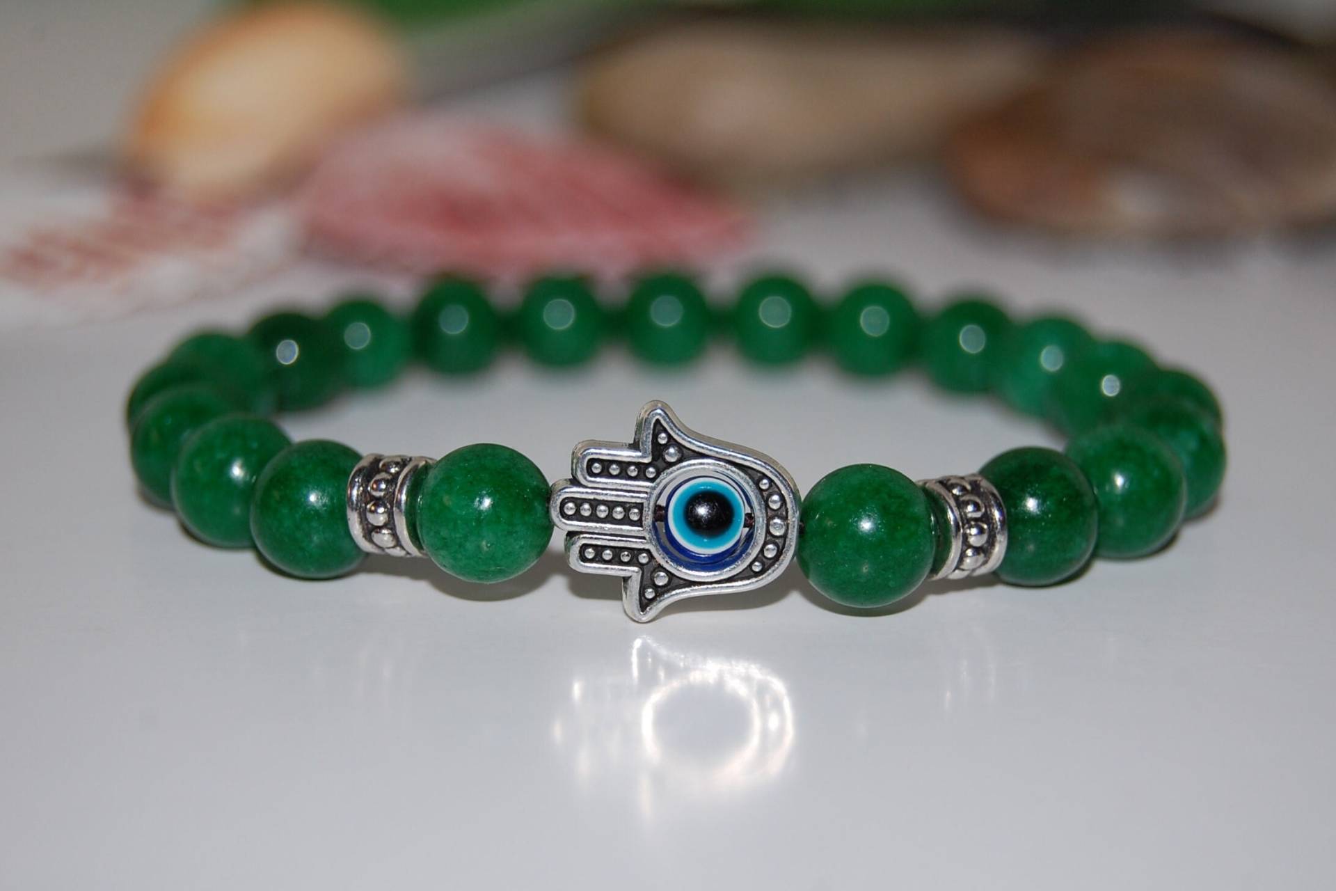 Jade Armband, Hamsa Handarmband, 8mm Grüne Perlen, Evil Eye Armband, Spiritualität, Gebet, Männer, Frauen, Schutz, Grüne Armband, Geschenk von SkywaterStudio