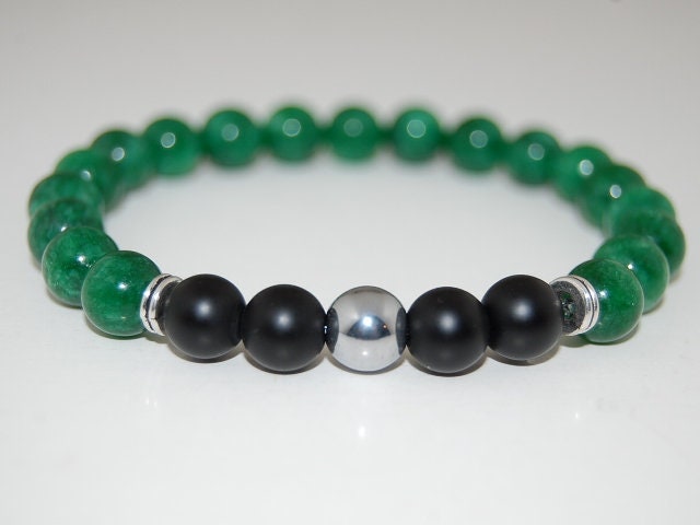 Jade Armband, Onyxperlen, Grüne Jade, Harmonie 8mm Perlen, Stretch-Armband, Männer, Frauen, Yoga Heilung, Glück, Geschenk von SkywaterStudio