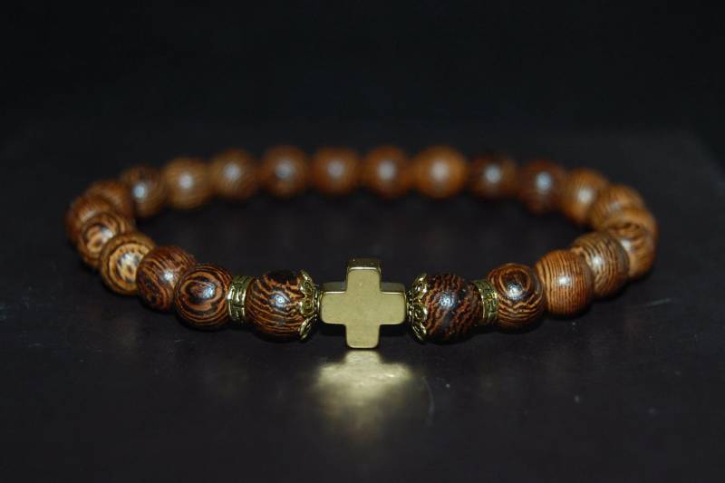 Kreuz Armband, Holzperlen, Holz Elastisch, Gebets Männer, Frauen, Schutz, Perlen Christliches Armband von SkywaterStudio