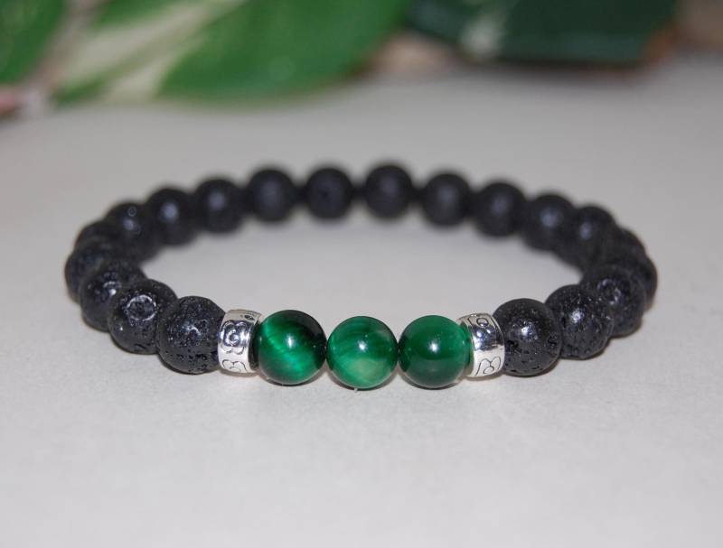 Lava Armband, Und Grüne Tigeraugen Stein Perlen, Vulkan Lavastein Green Life Naturschutz Männer, Frauen, Geschenk von SkywaterStudio