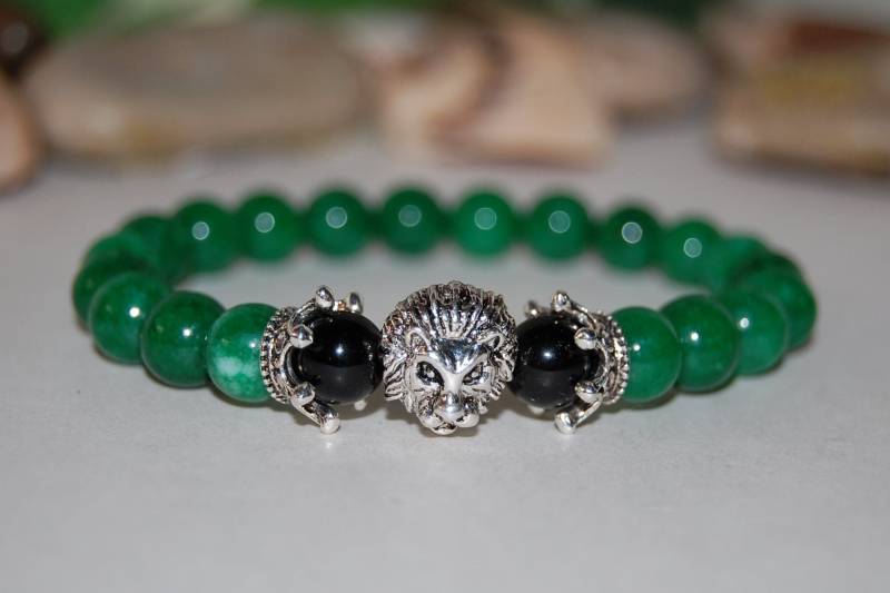Löwe Armband, Jade Armband, 8mm Jade Perlen, Silber Und Krone Charms Armband, Herren, Frauen, Löwenkopf Armband, Leo Armband, Geschenk von SkywaterStudio