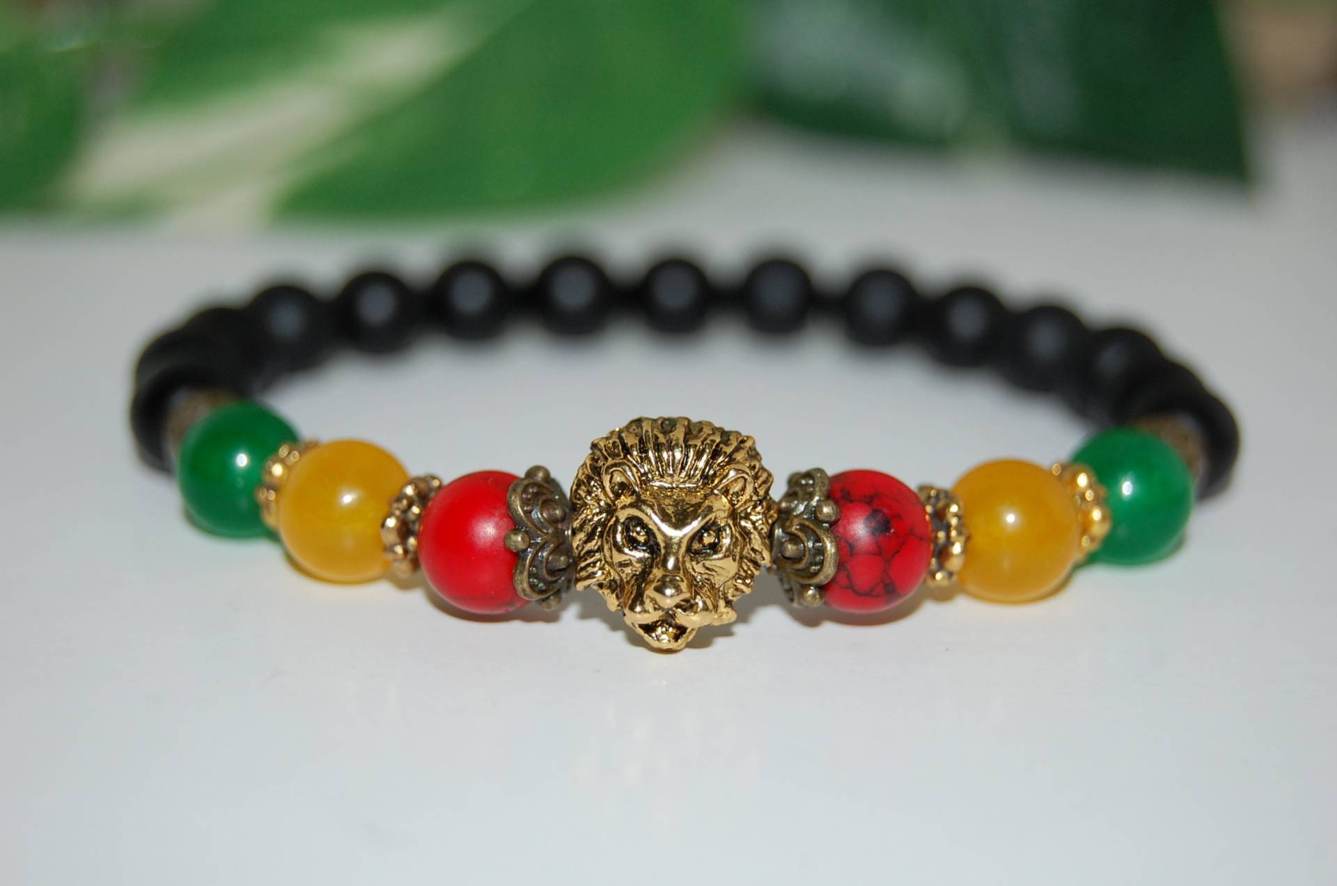 Löwe Armband, Rasta Armband, 8mm Edelstein Perlen, Herren, Herren Armband, Onyx Armband, Löwe Kopf Armband, Geschenk von SkywaterStudio