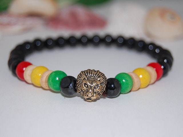 Löwe Armband, Rasta Reggae Armband, Löwenarmband Herren, Löwenarmband, Holz 8mm Bead, Löwenkopf, Geschenk Für Ihn, Armband Männer, Leo Armband von SkywaterStudio