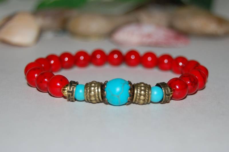 Rot Howlith Armband, Edelstein Armband 8mm Runde Perlen, Edelstein Fit All, Edelstein Stretch Armband, Männer, Frauen, Perlen Schmuck von SkywaterStudio