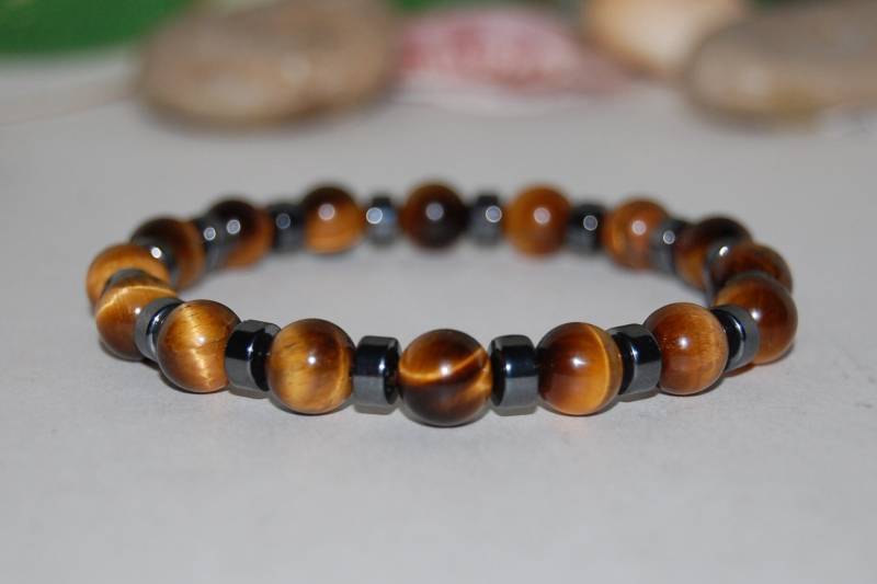 Tigerauge Armband, Hämatit Perlen Armband, Tigerauge Edelstein Perlen, Männer, Frauen, Tigerauge Und Metallperlen, Yoga, Dehnbar von SkywaterStudio