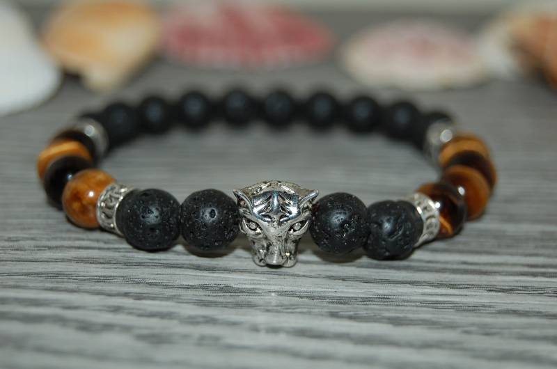 Tigerauge Armband, Herren Armband, Lava Armband, Edelstein Perlen, Geschenk Für Ihn, Armband Männer, Lava Armband, Tigerkopf Armband von SkywaterStudio