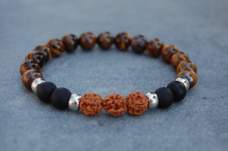 Tigerauge Armband, Onyx Und Rudraksha Perlen, Tigerauge Edelstein 8mm Perlen, Mann, Frau, Herren Perlen Armband, Tigerauge Armband, Surfer von SkywaterStudio