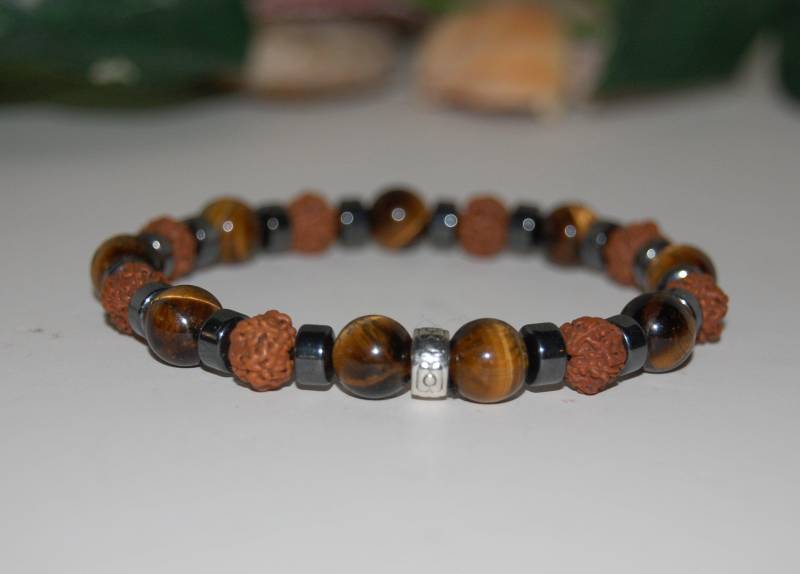 Tigerauge Armband, Rudraksha Armband, Mala Armband, Buddhist Armband, Tigerauge Stein Und Rudraksha Perlen, Männer, Frauen, Viel Glück Armband von SkywaterStudio