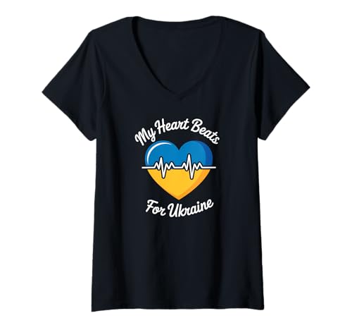 Damen Mein Herz schlägt für die Ukraine Heart Ukrainische Flagge Heartbeat T-Shirt mit V-Ausschnitt Damen Mein Herz schlägt für die Ukraine Heart Ukrainische Flagge Heartbeat T-Shirt mit V-Ausschnitt von Slava Threads Apparel Gifts by Anastasia