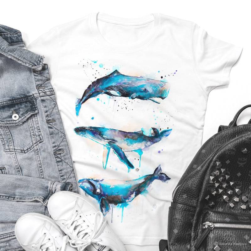 Pottwal, Glattwal, Buckelwal T-Shirt, Unisex Ringgesponnene Baumwolle 100%, Aquarelldruck T-Shirt Kunst, Tier von SlaviART