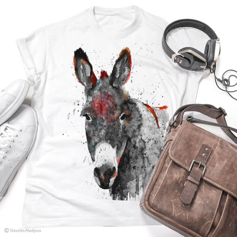 Schwarz-Weißes Esel T-Shirt, Unisex Ringgesponnene Baumwolle 100%, Aquarelldruck T-Shirt Kunst, Tier, Xs, S, M, L, Xl von SlaviART