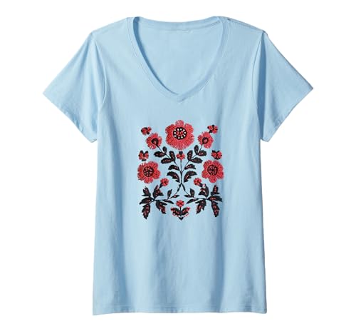 Damen Traditionelles ukrainisches Vyshyvanka-inspiriertes Muster T-Shirt mit V-Ausschnitt Damen Traditionelles ukrainisches Vyshyvanka-inspiriertes Muster T-Shirt mit V-Ausschnitt von Slavic Stitch Designs