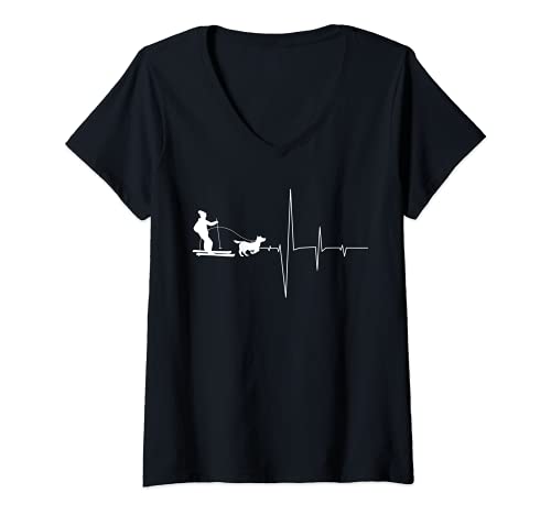 Damen Skijoring Dad Heartbeat Cani-Cross Racing Schlitten Hund T-Shirt mit V-Ausschnitt von Sled Dog Racing Gifts And Shirts