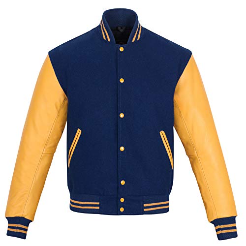 Sledwise Varsity Jacket Baseball Letterman Jacke - Wolle und Leder Premium Qualität Uni Basketball Jacke, Marineblau / Gold, 6XL von Sledwise