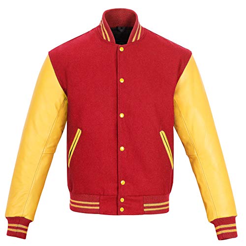 Sledwise Varsity Jacket Baseball Letterman Jacke - Wolle und Leder Premium Qualität Uni Basketball Jacke, Rot/Gold, XL von Sledwise
