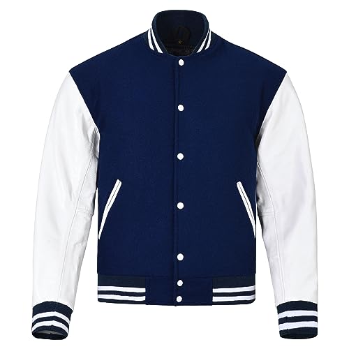 Sledwise Varsity Jacket Baseball Letterman Jacke - Wolle und Leder Premium Qualität Unisex Basketball Jacke, Air Navy/White, L von Sledwise