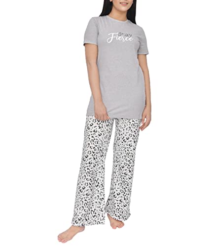 Sleepdown Damen Langärmeliges AOP Hose Set Schlafanzug, Bedruckt, 2-teilig, kurzärmelig, T-Shirt und Allover-Tier-Print, weites Bein, legere Loungewear, Nachtwäsche, Grauer Leopardenmuster, L von Sleepdown