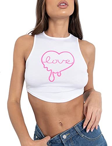 Sleepdown Damen Women’s Island Neon Love Heart Graphic Crop (14, White) Top von Sleepdown