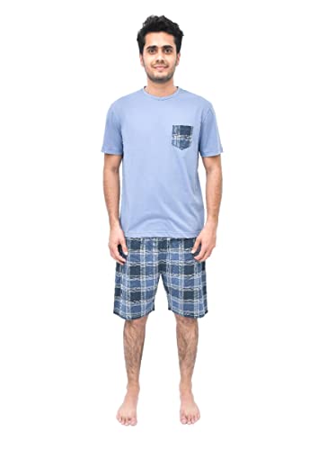 Sleepdown Herren Pyjama, Grau/Blau Schlafanzug, 2-teilig, kurzärmeliges T-Shirt und Kariertes kurzes Set, Top Hose, Loungwear, Nachtwäsche, S von Sleepdown