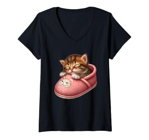 Damen Schlafende Katze im Hausschuh T-Shirt mit V-Ausschnitt von Sleeping Cat in Slipper Collection