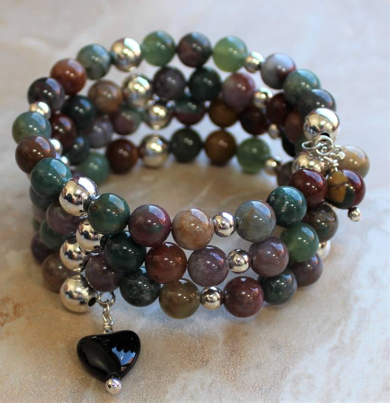 Lust Auf Jasper Und Sterling Silver Wrap Armband Mit Onyx Heart Charm von SleepingKitten