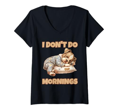 Damen I Don't Do Mornings| Niedlicher schlafender Hund lustig schläfrig T-Shirt mit V-Ausschnitt von Sleepy Apparel