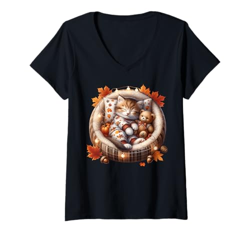 Damen Aesthetic Autumn Cat In Kitten Bed Graphic Cozy Fall Vibes T-Shirt mit V-Ausschnitt von Sleepy Cat For Fall Kitten Gifts For Cat Lovers