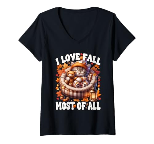Damen Autumn Cat Graphic for Kitten Mom I Love Fall Most of All T-Shirt mit V-Ausschnitt Damen Autumn Cat Graphic for Kitten Mom I Love Fall Most of All T-Shirt mit V-Ausschnitt von Sleepy Cat For Fall Kitten Gifts For Cat Lovers