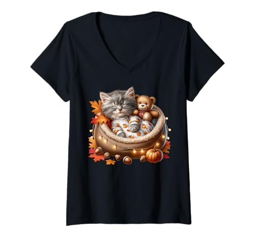 Damen Autumn Cat Graphic for Kitten Mom and Cat Grandma Cute Fall T-Shirt mit V-Ausschnitt von Sleepy Cat For Fall Kitten Gifts For Cat Lovers