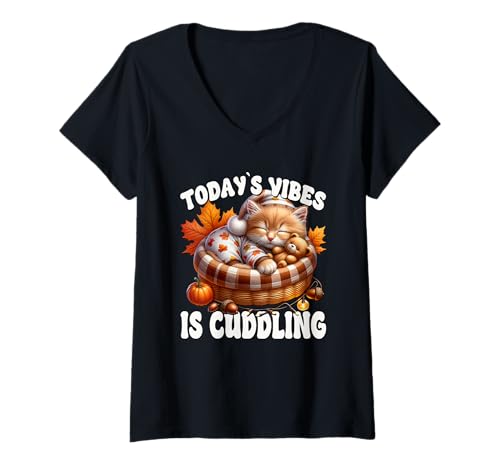 Damen Autumn Cat In Kitten Bed with Fall Sayings for Cat Mom T-Shirt mit V-Ausschnitt Damen Autumn Cat In Kitten Bed with Fall Sayings for Cat Mom T-Shirt mit V-Ausschnitt von Sleepy Cat For Fall Kitten Gifts For Cat Lovers