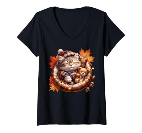 Damen Cozy Autumn Stuff Cat Graphic for Kitten Mom and Cat Lady T-Shirt mit V-Ausschnitt von Sleepy Cat For Fall Kitten Gifts For Cat Lovers