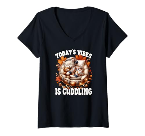 Damen Cuddle Cat Graphic for Women Funny Fall Saying for Autumn T-Shirt mit V-Ausschnitt Damen Cuddle Cat Graphic for Women Funny Fall Saying for Autumn T-Shirt mit V-Ausschnitt von Sleepy Cat For Fall Kitten Gifts For Cat Lovers