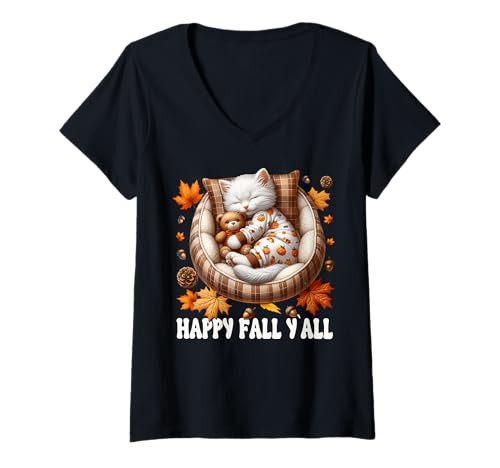 Damen Cute Autumn Cat In Kitten Bed for Cat Lover Happy Fall Yall T-Shirt mit V-Ausschnitt von Sleepy Cat For Fall Kitten Gifts For Cat Lovers