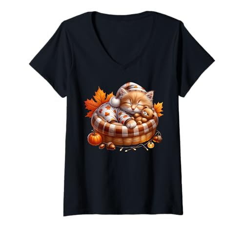 Damen Cute Fall Cat In Kitten Bed and Autumn Leaves for Kitten Mom T-Shirt mit V-Ausschnitt Damen Cute Fall Cat In Kitten Bed and Autumn Leaves for Kitten Mom T-Shirt mit V-Ausschnitt von Sleepy Cat For Fall Kitten Gifts For Cat Lovers