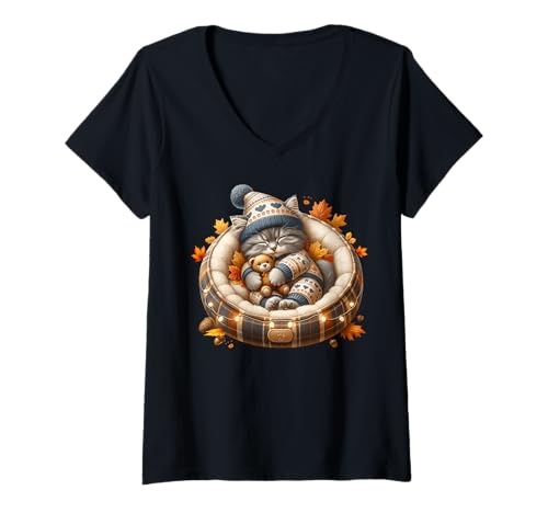 Damen Cute Kitten Fall Accessories for Women and Girls Autumn Cat T-Shirt mit V-Ausschnitt Damen Cute Kitten Fall Accessories for Women and Girls Autumn Cat T-Shirt mit V-Ausschnitt von Sleepy Cat For Fall Kitten Gifts For Cat Lovers