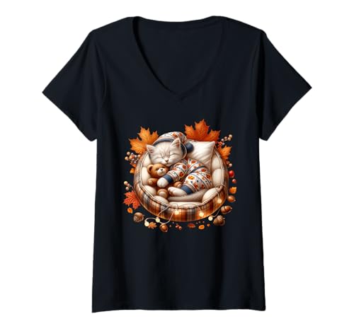 Damen Cute Kitten for Fall Autumn Vibes Sleepy Cat for Cat Lady T-Shirt mit V-Ausschnitt Damen Cute Kitten for Fall Autumn Vibes Sleepy Cat for Cat Lady T-Shirt mit V-Ausschnitt von Sleepy Cat For Fall Kitten Gifts For Cat Lovers