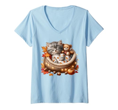 Damen Fall Cat Graphic for Women & Girls Kawaii Kitten Autumn Cat T-Shirt mit V-Ausschnitt Damen Fall Cat Graphic for Women & Girls Kawaii Kitten Autumn Cat T-Shirt mit V-Ausschnitt von Sleepy Cat For Fall Kitten Gifts For Cat Lovers