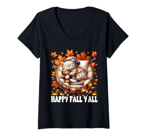 Damen Happy Fall Yall Graphic for Cat Lover Cute Kitten Autumn Cat T-Shirt mit V-Ausschnitt von Sleepy Cat For Fall Kitten Gifts For Cat Lovers
