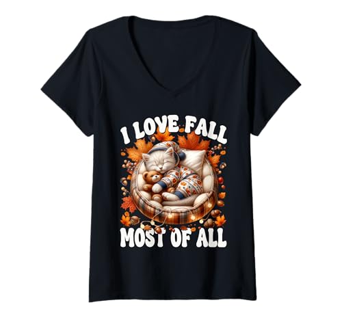 Damen I Love Fall Most of All Cute Autumn Vibes for Kitten Lover T-Shirt mit V-Ausschnitt von Sleepy Cat For Fall Kitten Gifts For Cat Lovers