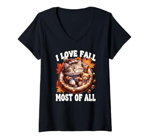 Damen I Love Fall Most of All Cute Kitten for Cat Mom Autumn Cat T-Shirt mit V-Ausschnitt von Sleepy Cat For Fall Kitten Gifts For Cat Lovers