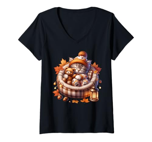 Damen Kawaii Cat Cuddle with Teddy Bear Autumn Kitten for Fall T-Shirt mit V-Ausschnitt Damen Kawaii Cat Cuddle with Teddy Bear Autumn Kitten for Fall T-Shirt mit V-Ausschnitt von Sleepy Cat For Fall Kitten Gifts For Cat Lovers