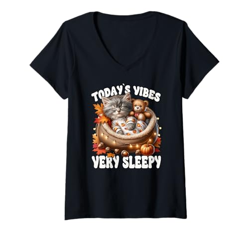 Damen Sleepy Cat for Women Men & Kids Fall Vibes for Kitten Lover T-Shirt mit V-Ausschnitt Damen Sleepy Cat for Women Men & Kids Fall Vibes for Kitten Lover T-Shirt mit V-Ausschnitt von Sleepy Cat For Fall Kitten Gifts For Cat Lovers