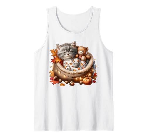 Fall Cat Graphic for Women & Girls Kawaii Kitten Autumn Cat Tank Top von Sleepy Cat For Fall Kitten Gifts For Cat Lovers