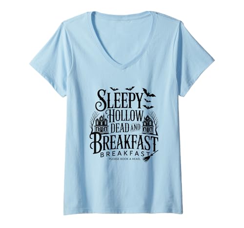 Damen Sleepy Hollow Dead and Breakfast Bitte buchen Sie im Voraus T-Shirt mit V-Ausschnitt von Sleepy Hollow Haunted Tales Eerie Nights Chills