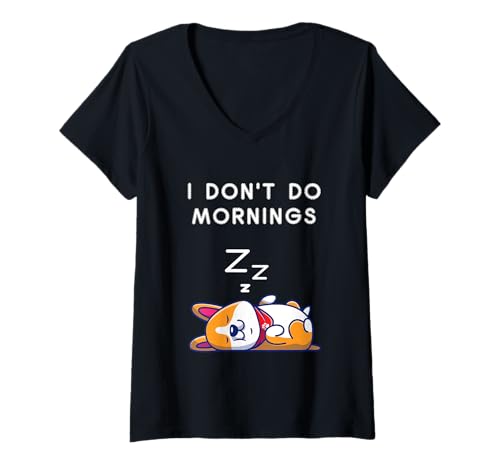 Damen I Don't Do Mornings Funny Dog Sleeping T-Shirt mit V-Ausschnitt von Sleepy dog Morning Humor Tee coffee Sleepwear