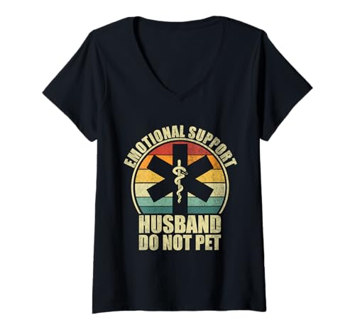 Damen Emotional Support Husband T-Shirt Do Not Pet Vatertag T-Shirt mit V-Ausschnitt von SleepySloth Shirts