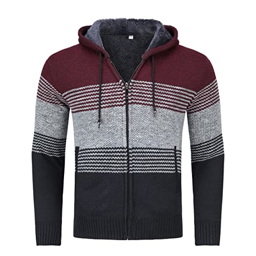 Herren Pullover Reißverschluss Strickjacke mit Kapuze Pullover Herbst und Winter warme Jack Baumwolle Rot+Navy XL von Sliktaa