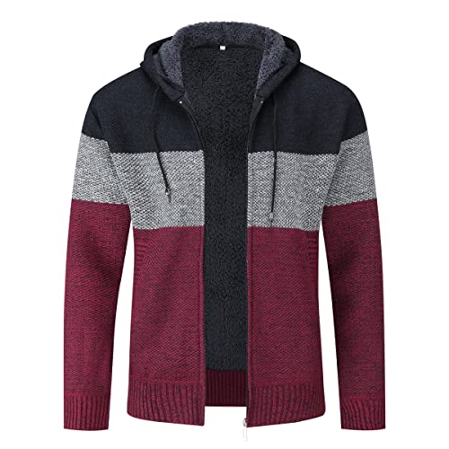 Herren Strickjacke Pullover Grobstrickjacke mit durchgehendem Reißverschluss Trichterhals Langarm-Strickpullover(Rot 2 XXL) von Sliktaa