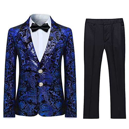 Sliktaa Jungen Kostüm 2 Teilig Klassisch Gold Floral Jacquard Slim Fit Allerheiligen Hochzeit Ball Tuxedo Jacke und Hose 6 Farben Blau 10 Jahre von Sliktaa
